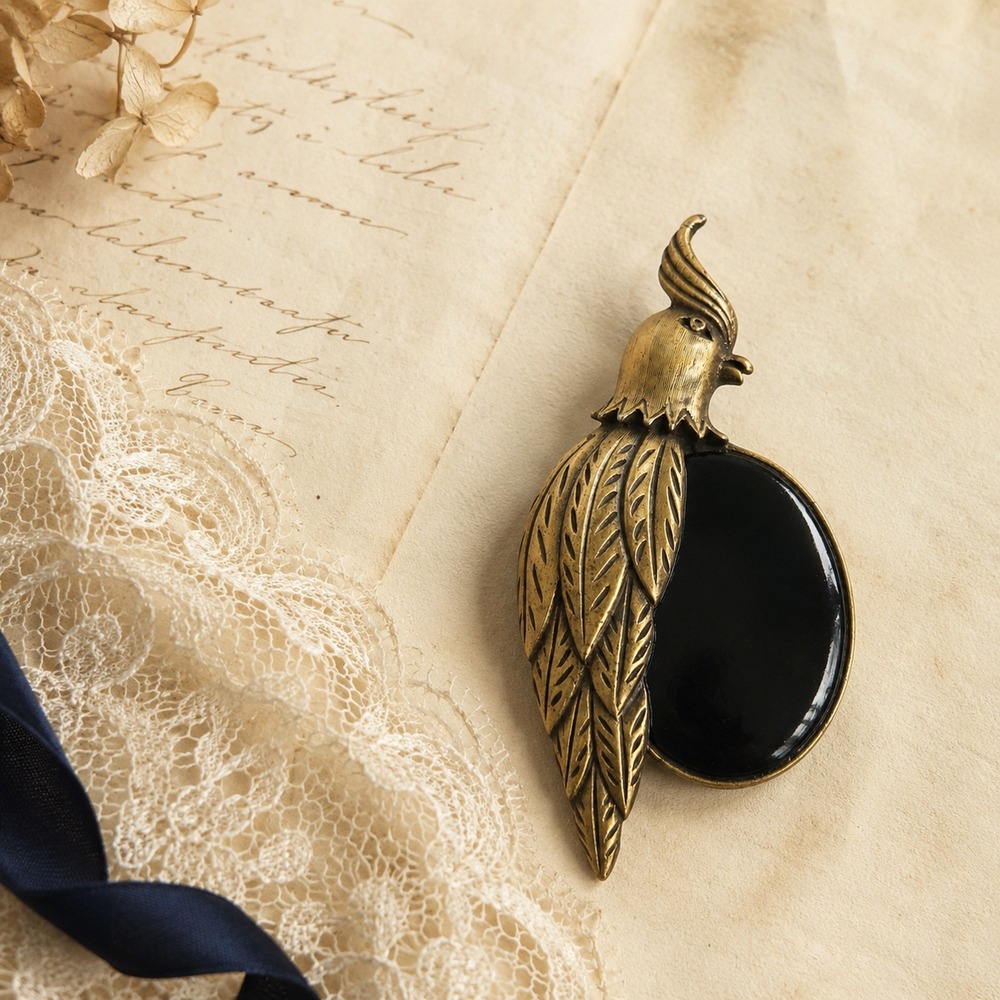 Vintage Bird Brooch Black Cabochon Gold Tone Cockatoo Parrot Whimsygoth Pin